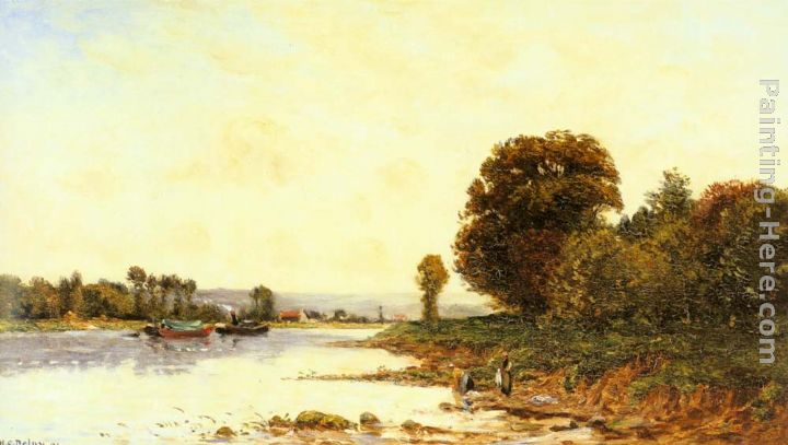 Washerwomen in a River Lanscape with Steamboats beyond painting - Hippolyte Camille Delpy Washerwomen in a River Lanscape with Steamboats beyond art painting